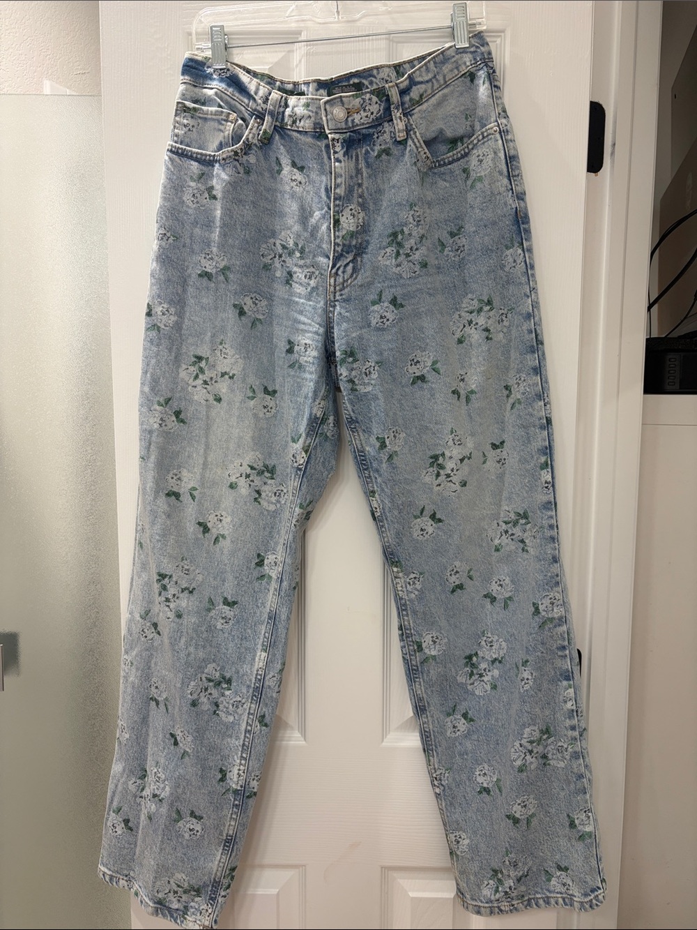 wild fable Light Wash Denim Jeans with Green & White Floral Detail